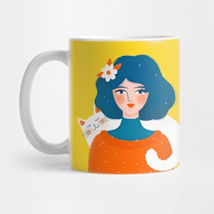 Cute girl with cute white cat, version 4 Mug